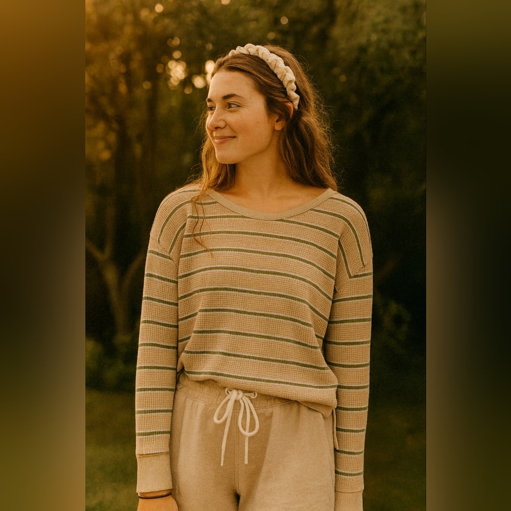 Aerie Striped Thermal Waffle Knit L/S XS Beige Pistachio Green Granola Girl Over